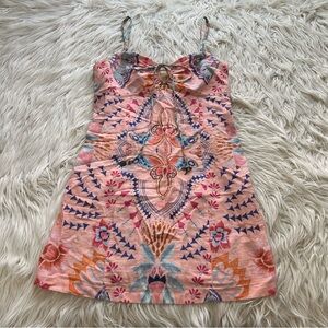 Tigerlily Wandering Folk Mini Dress Keyhole Moth Boho Linen Blend Summer Size 6